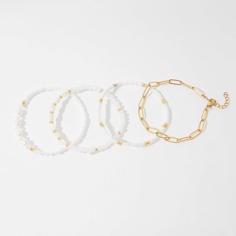 Pymach Store Dainty Gold Plated Pearl Crystal Beaded Bracelets Set for Women 14K Gold Plated Bead Pearl Beads Bracelet Stackable Paperclip Link Chain Bracelets Gold Plated Bracelets for Women Trendy Jewelry - Image 2
